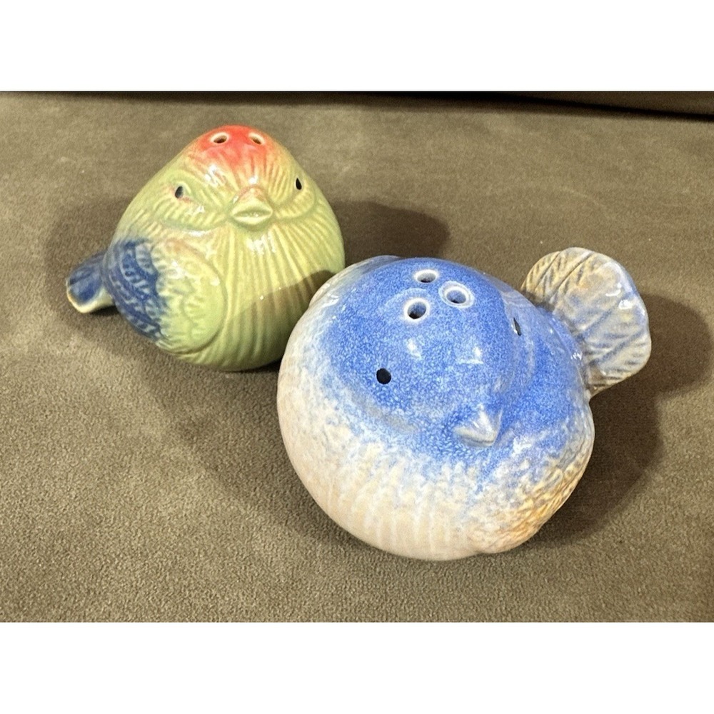 Vintage Pier 1 Imports Blue & Green Birds Salt and Pepper Shakers Porcelain